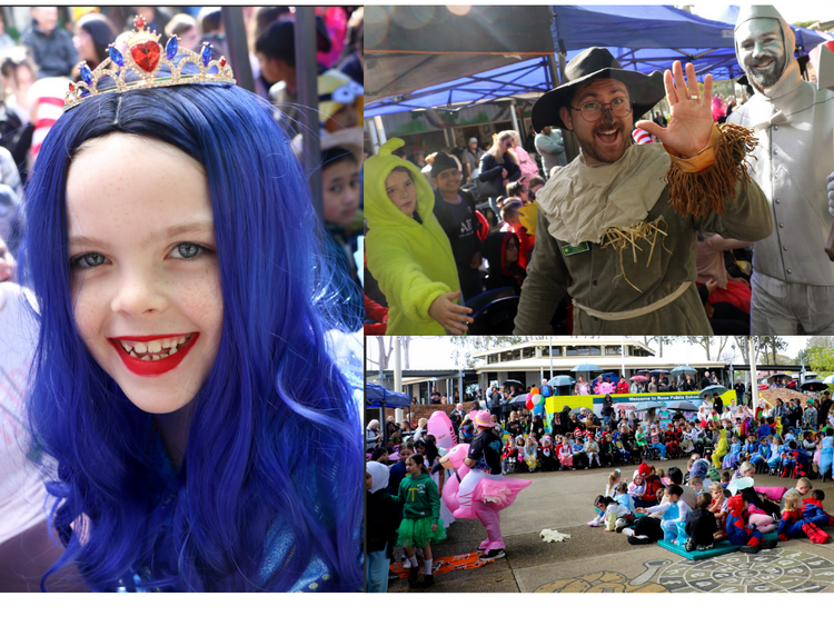 3 photos. Photo one showing a student dressed up for book week with bright purple hair and a crown. Photo 2 3 teachers dressed as book characters. Photo 3 a far away photo showing the students dressed up in costumes and looking towards the parade for book week