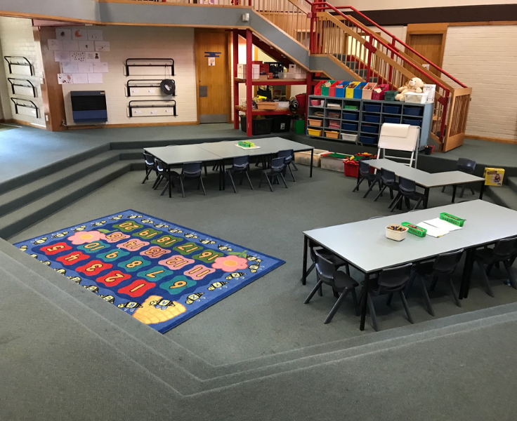 Our atrium spaced for a shared learning environment. The step down area shows some tables and a playful coloured rug.